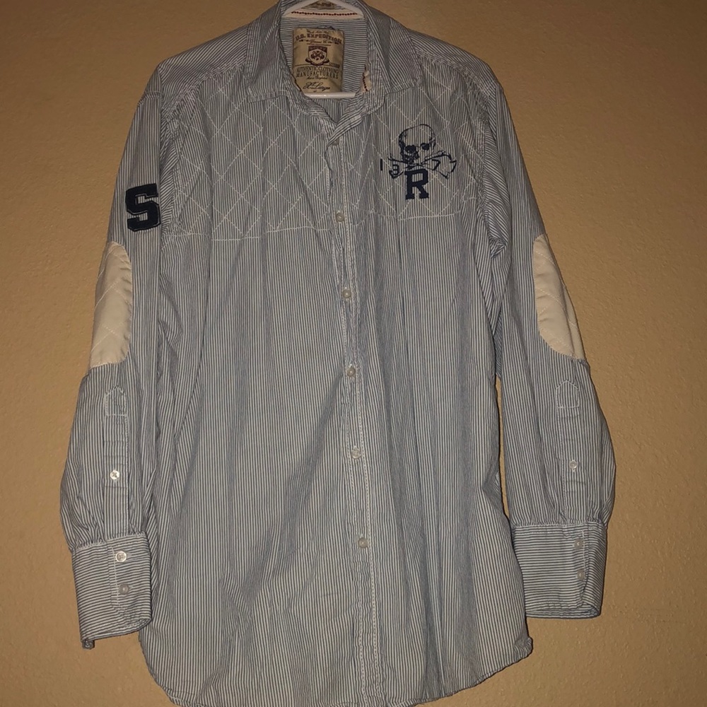 Mens blue pin striped button up shirt